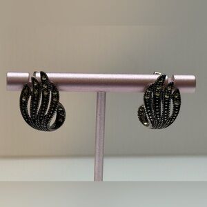 Estate Art Deco Sterling Silver Marcasite Swirls Drop Earrings Pierced Antiqued